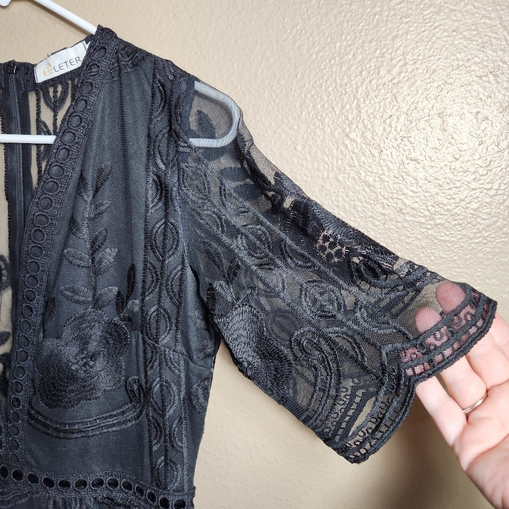 Eleter Womens Black Deep V-Neck Lace Romper Short Sleeve Long Dress-Size S - Picture 7 of 16